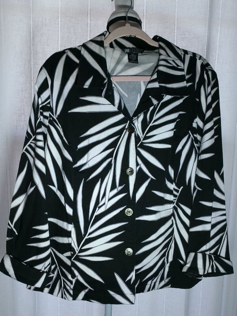CAROLE LITTLE Blazer Collared Button-Up Black w/White Palm Leaves NWOT 2X